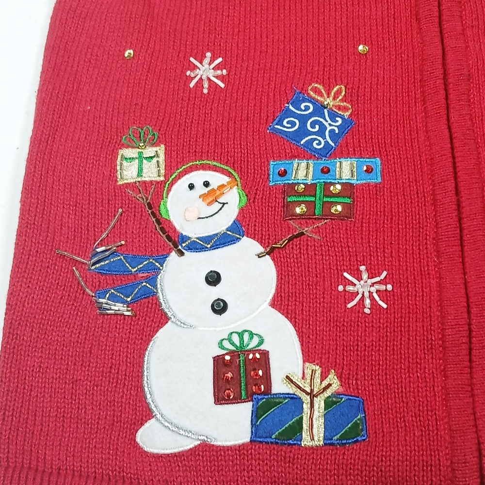 Vtg Christmas Sweater Vest Med Womens Red Snowman Full Zip Embellished Beaded